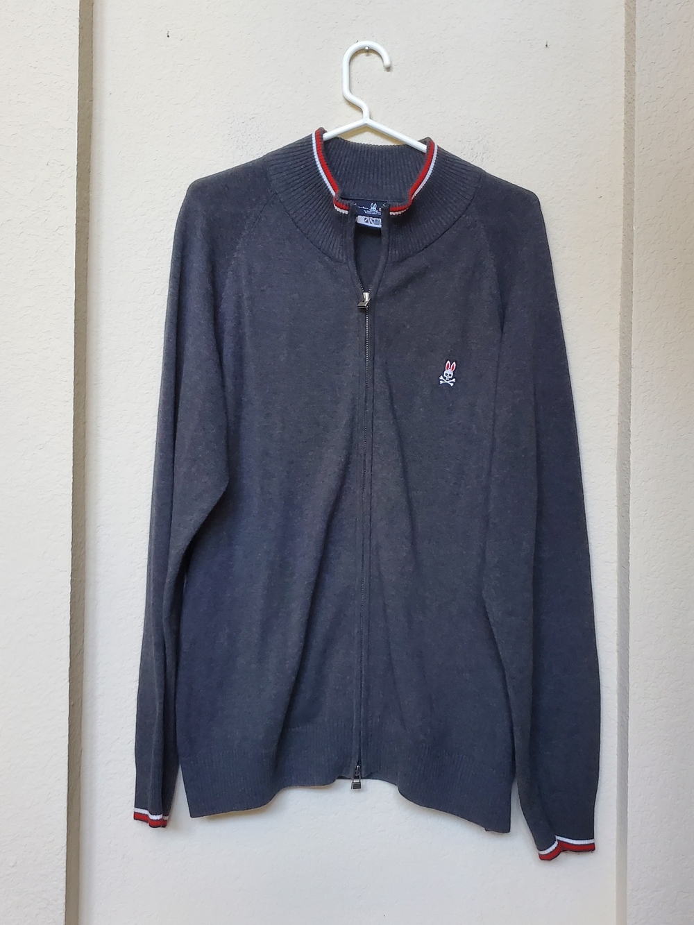 Psycho Bunny Charcoal Zip-Up Sweater with Red & White Trim.  Size XL